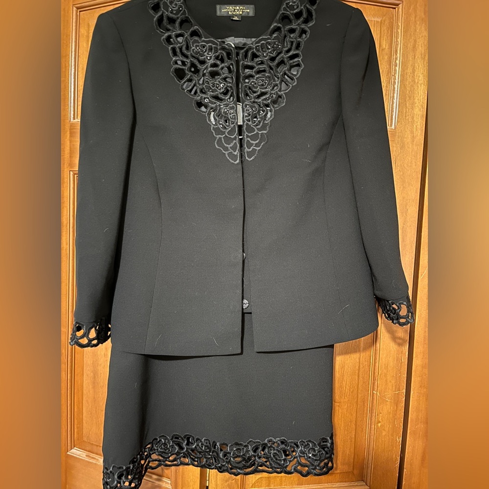 Tahari Size 12 Black Suit with Cutout Lace and Bead Detail.